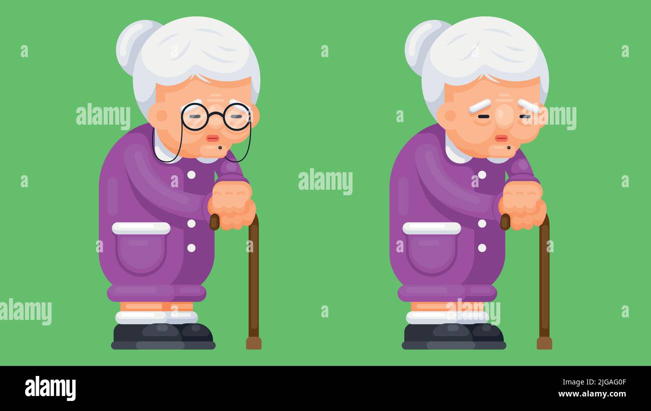 Vieille femme avec un bâton de marche en position debout, avec des lunettes et sans lunettes. Illustration vectorielle de style plat Illustration de Vecteur