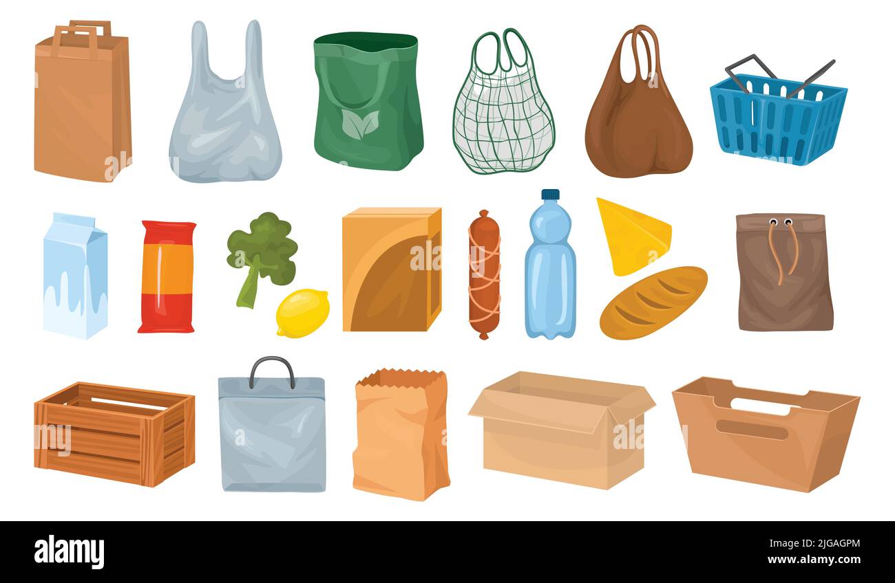 Panier à aliments boîte de sacs ensemble d'icônes isolées d'articles d'emballage et de produits d'épicerie sur fond vierge illustration vectorielle Illustration de Vecteur