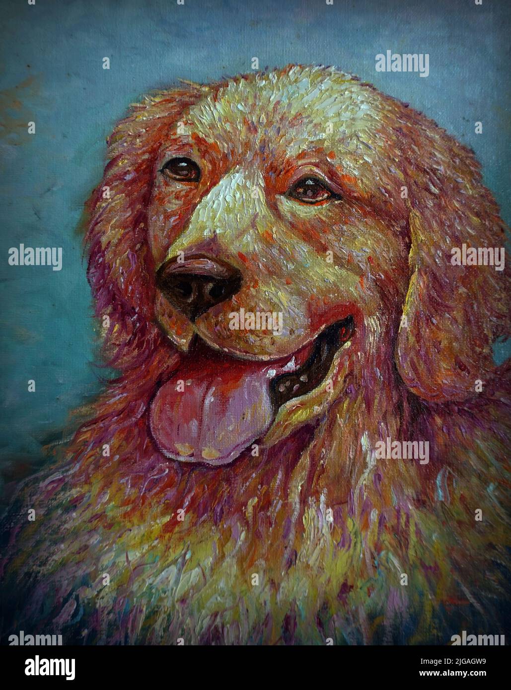 Peinture d'art couleur d'huile souriant chien mignon dans l'obscurité de Thaïlande , Golden retriever Banque D'Images