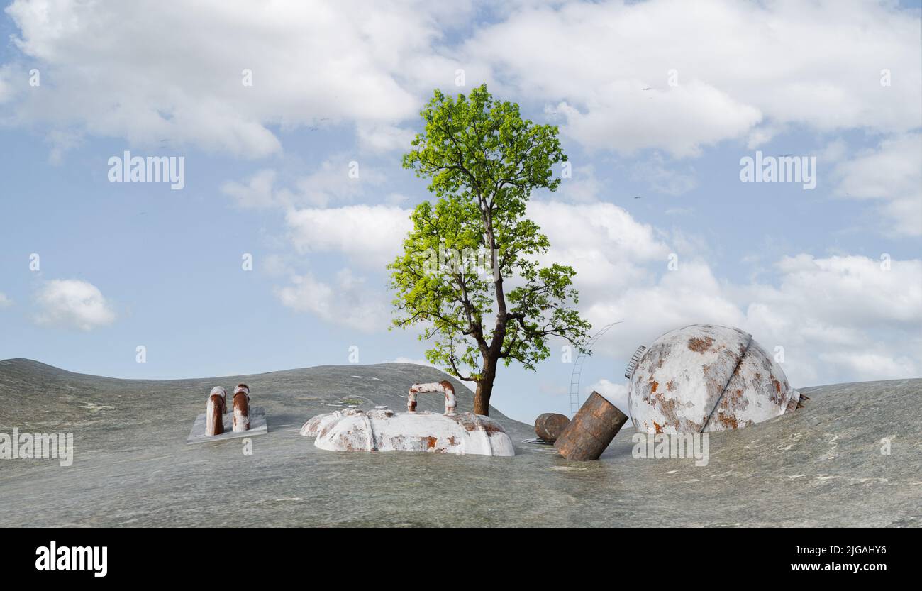 croissance d'arbres verts dans les terres arides et l'ancienne usine, warmimg global et le changement climatique concept, 3d illustration rendu Banque D'Images