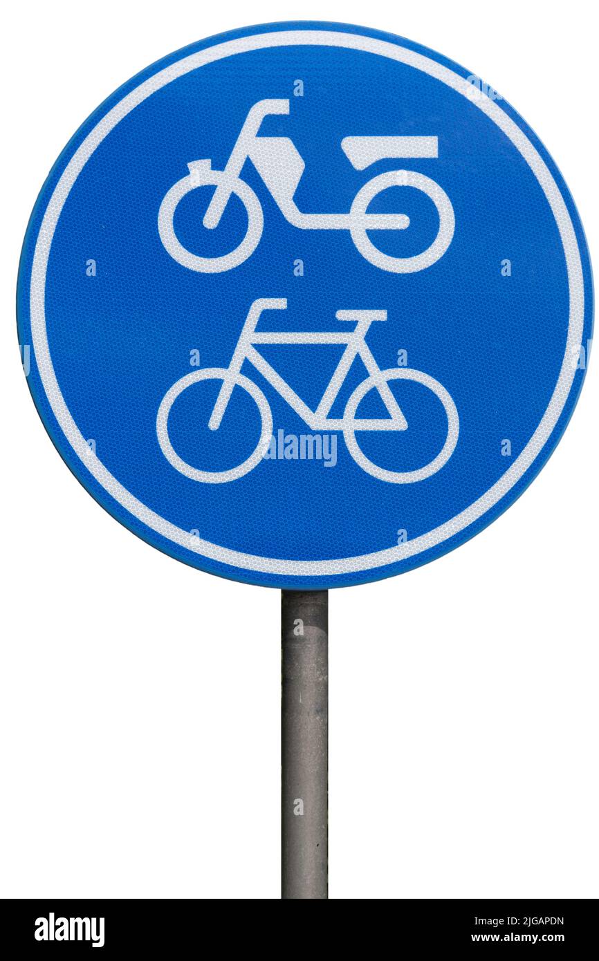 Panneau de signalisation rond bleu sur un poteau rond avec un ...