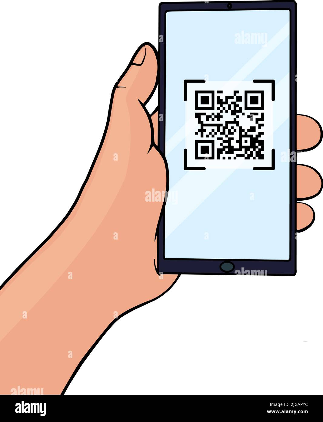 Main tenant un téléphone portable avec code QR à l'écran. Lecture de code QR dans un smartphone en ligne. Lecteur de codes-barres pour la paie, le Web, l'application et la promotion. Illustration vectorielle. Illustration de Vecteur