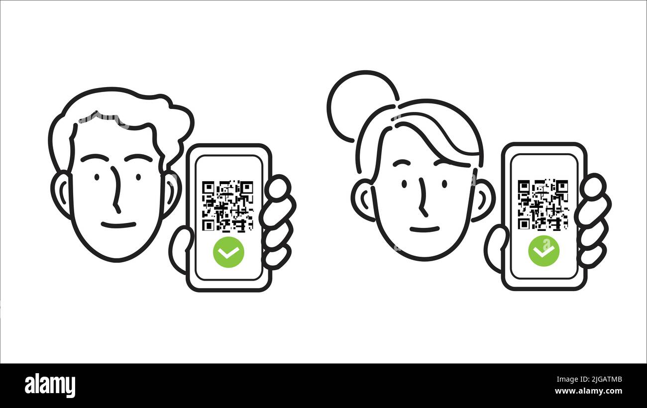 Les icônes de ligne définissent le vecteur. Homme et femme tenant un smartphone avec un passe numérique sanitaire vert. Code QR à l'écran. Vérification Covid Pass. Carte verte de l'UE, santé p Illustration de Vecteur