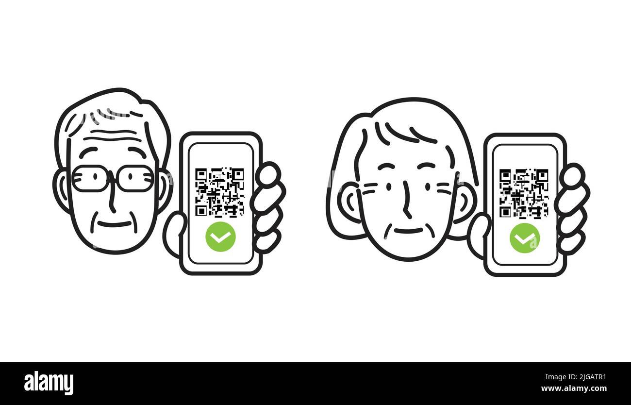 Ensemble de prévention des covid des icônes de lignes vectorielles. Vieil homme et vieille femme tenant un smartphone avec un code qr à l'écran. Contrôle numérique de la réussite sanitaire. Carte verte de l'UE. Illustration de Vecteur