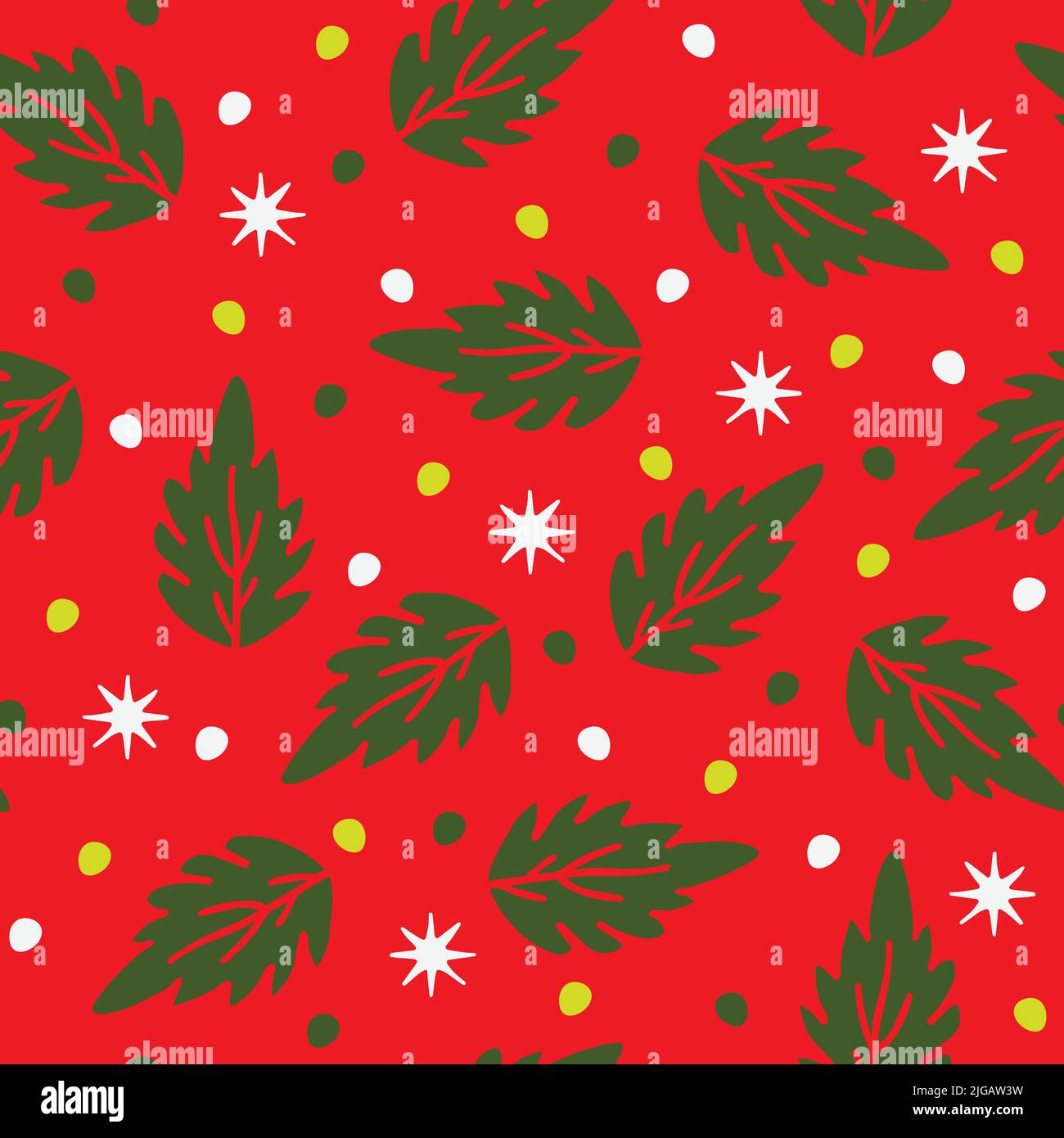 Motif vectoriel sans couture avec feuilles de Noël sur fond rouge. Papier peint hiver de saison. Papier d'emballage textile de mode. Illustration de Vecteur
