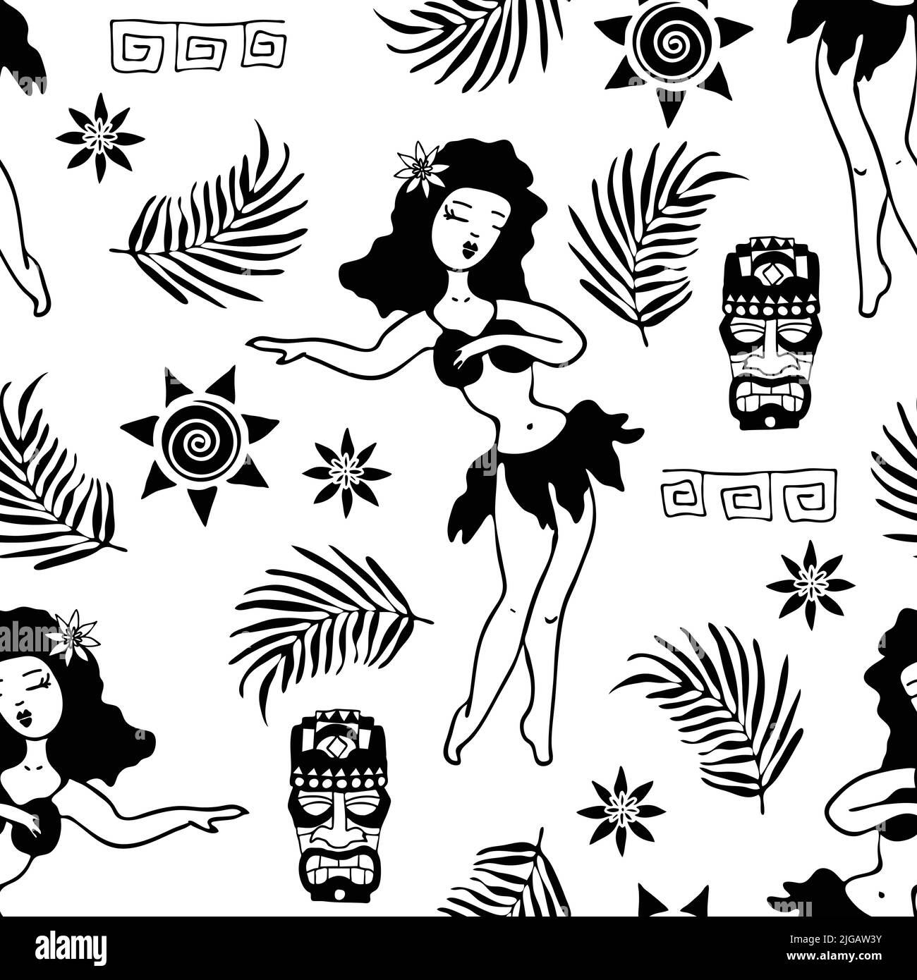 Motif vectoriel sans couture avec aloha girl sur fond blanc. Papier peint à motif croquis de vacances tropicales simple. Joyeux Hawaï textile de mode d'été. Illustration de Vecteur