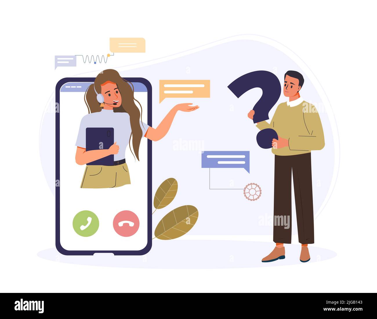 Support client, contenu du service client. Personnage de dessin animé posant des questions, discutant avec un assistant personnel. Écran de smartphone avec opérateur de ligne directe dans le casque d'écoute aidant les clients illustration de vecteur. Illustration de Vecteur