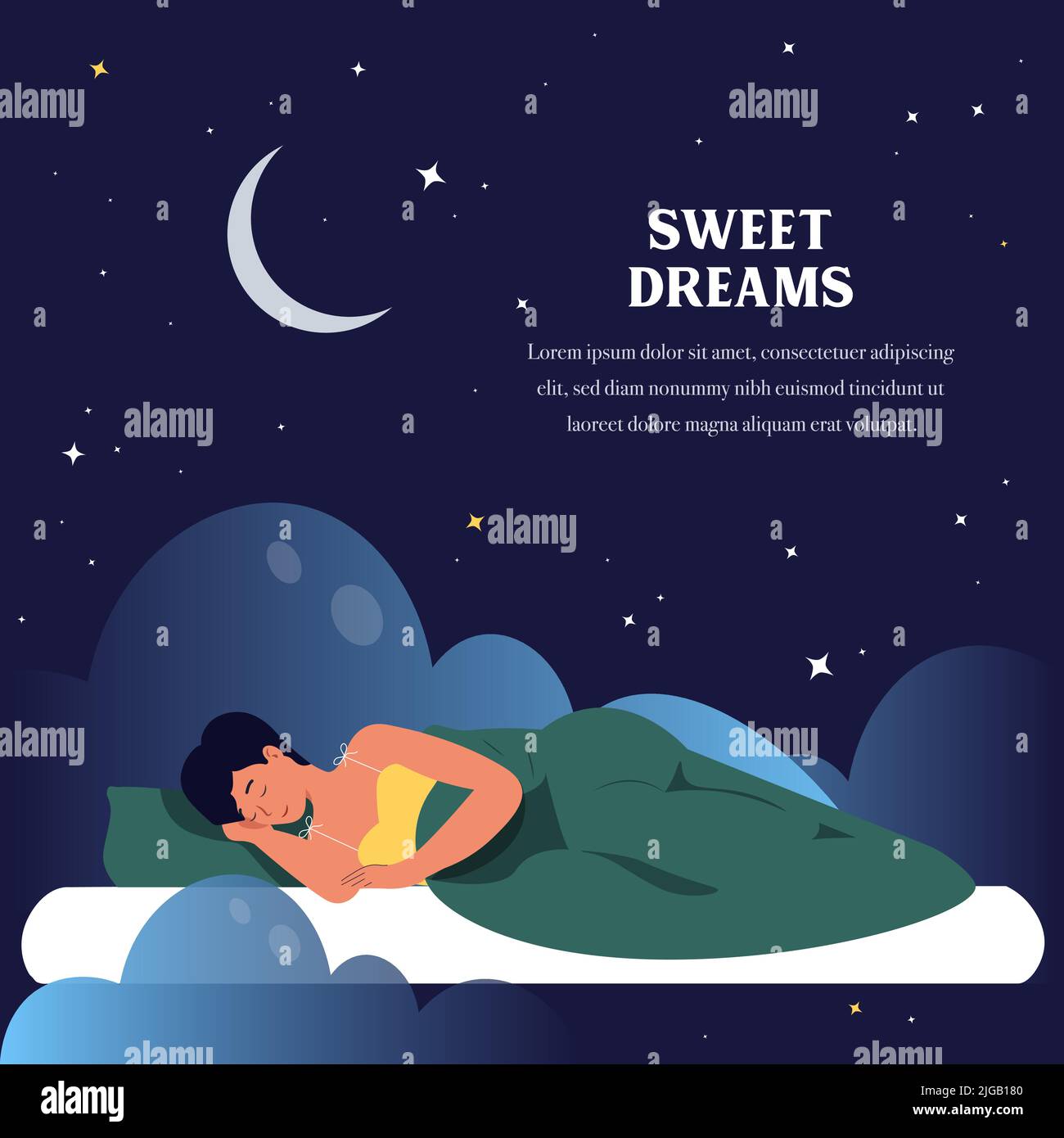 Rêves doux ou concept de bonne santé. La femme heureuse dort est rapidement endormi, ayant un bon rêve. Illustration vectorielle d'une fille couchée sous une couette douce et dormant en bonne santé. Modèle de publicité pour matelas. Illustration vectorielle. Illustration de Vecteur