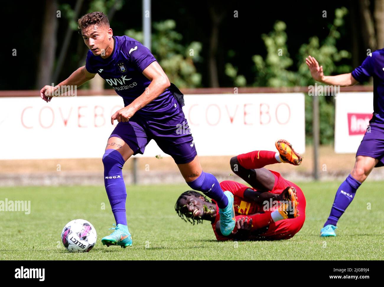 Sebastiano Esposito d'Anderlecht photographié en action lors d'un match de football amical entre RSCA Anderlecht et le FC Norsjaelland (Danemark), samedi 09 juillet 2022 à Horst, aux pays-Bas, pour préparer la première division du championnat belge de Jupiler Pro League 2022-2023. BELGA PHOTO VIRGINIE LEFOUR Banque D'Images
