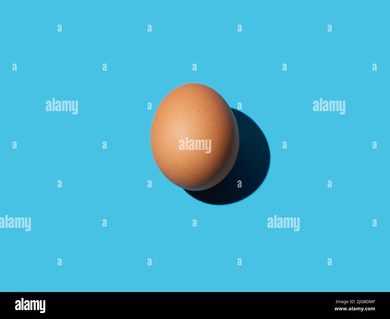 Un œuf de poulet brun se trouve au centre sur un fond bleu vif. Lumière vive, ombre profonde. Gros plan, espace de copie, vue de dessus. Banque D'Images