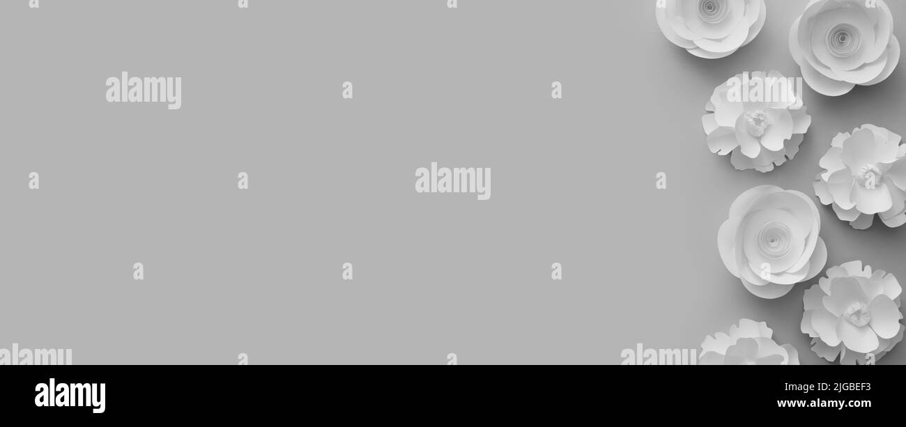 Composition avec de belles fleurs en papier sur fond gris avec espace pour le texte Banque D'Images