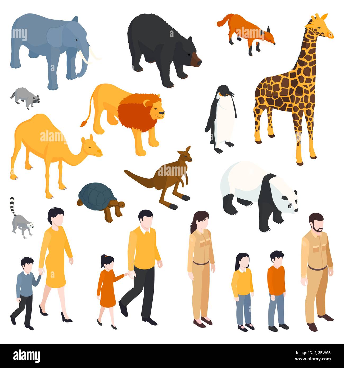 Zoo isométrique ensemble d'icônes isolées visiteurs adultes avec des enfants et des animaux du monde entier illustration vectorielle Illustration de Vecteur