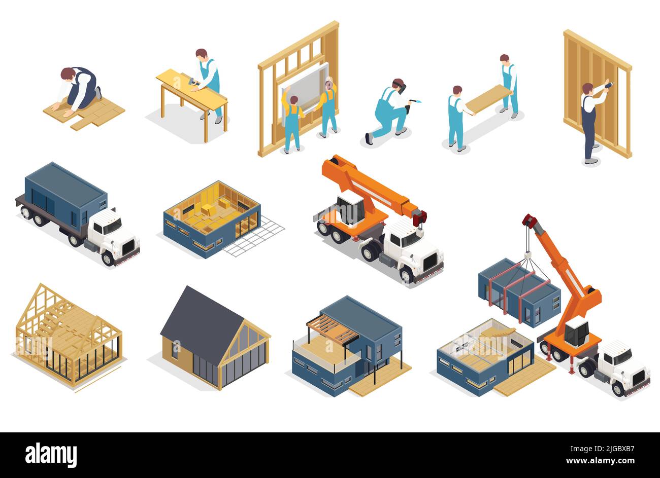 Construction à cadre modulaire composition isométrique avec icônes isolées de camions et images de bâtiments en construction illustration vectorielle Illustration de Vecteur