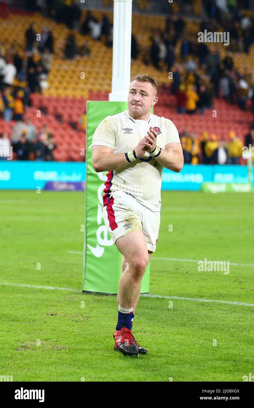 9th juillet 2022, Suncorp Stadium, Brisbane, Australie: Match international de rugby à XV Australie contre Angleterre: Joe Heyes d'Angleterre applaudit les supporters après le match Banque D'Images