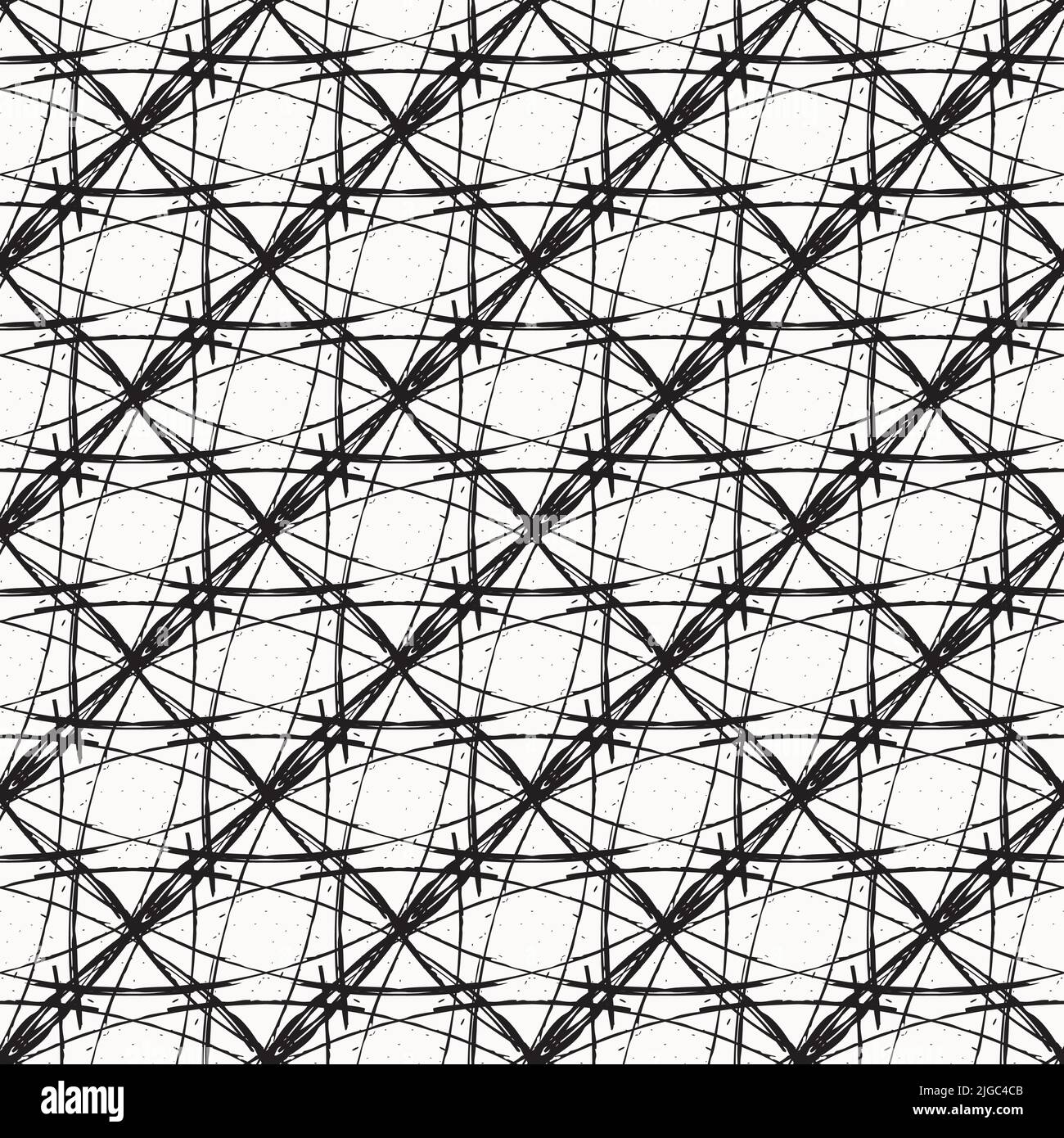 Abstrait grunge tressé sans couture motif vectoriel pinceau fin entrecroisé fond tissé. Toile de fond en treillis métallique noir et blanc. Chevauchement Illustration de Vecteur