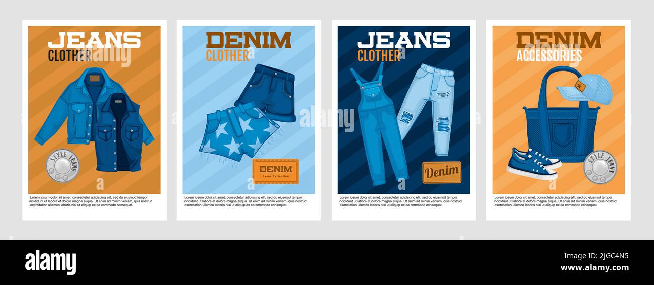 Ensemble de quatre affiches verticales pour jeans en denim avec texte modifiable et images de vêtements et d'accessoires Illustration de Vecteur