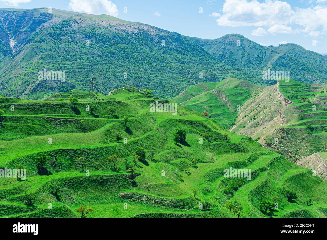 Terres agricoles en terrasse sur les pentes de montagne du Dagestan Banque D'Images