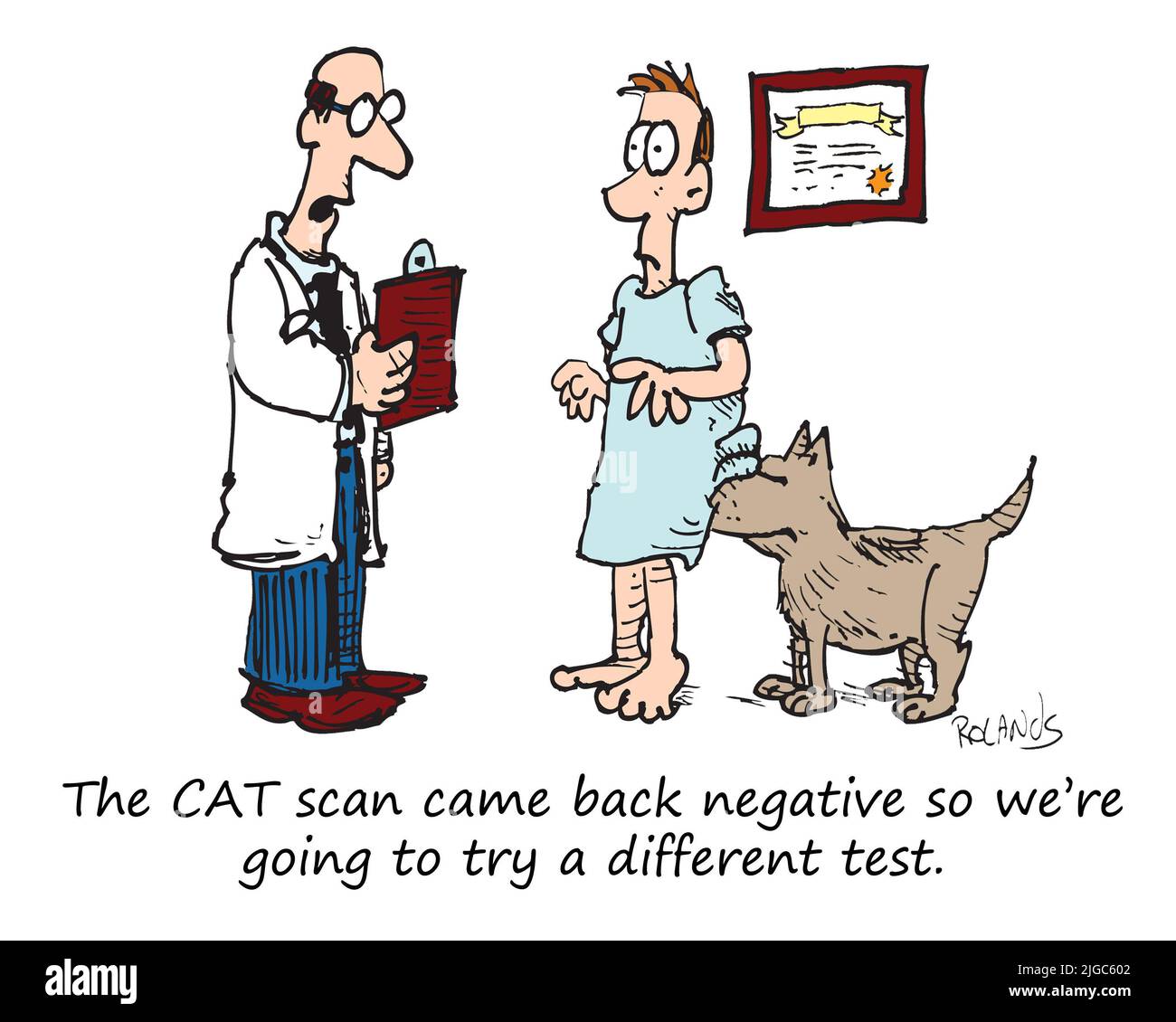 Un médecin indique à un patient qu'il doit effectuer un autre test car l'acquisition CAT est renégative Banque D'Images