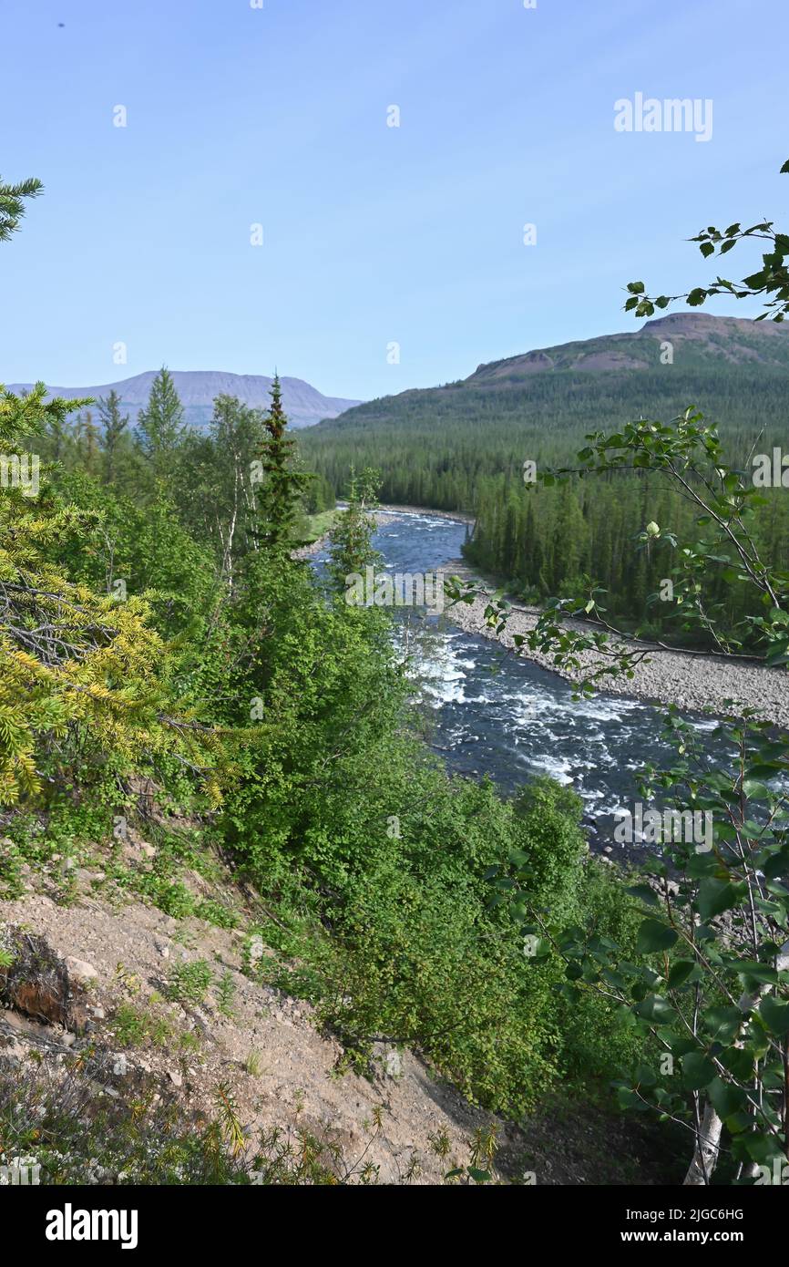 Une rivière sur le plateau de Putorana. Paysage aquatique d'été dans le nord de la Sibérie orientale. Banque D'Images