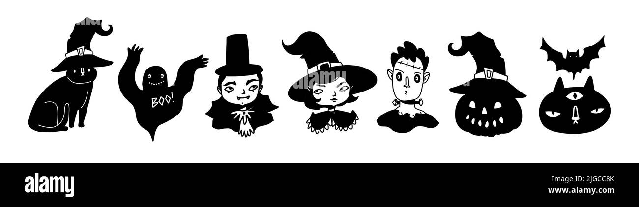 Halloween personnages mignons ensemble petite sorcière, vampire, zombie, fantôme avec lanterne citrouille et chat. Caricature halloween personnages drôles mignons en boodle Bla Illustration de Vecteur