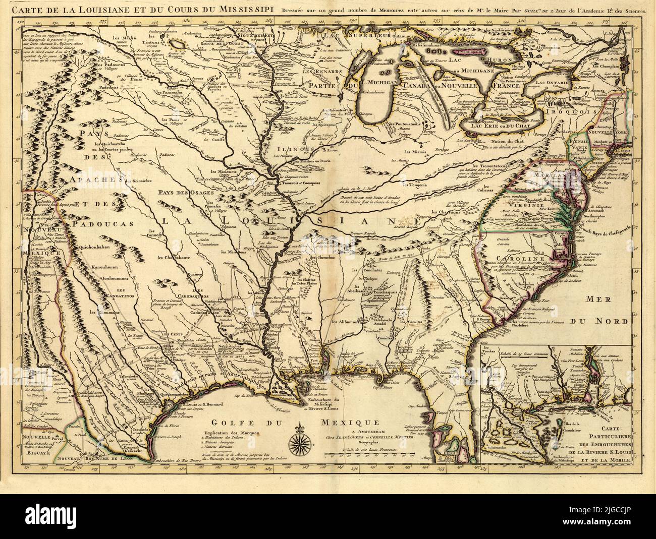 Carte néerlandaise de l'Amérique du Nord avec la Louisiane et le fleuve Mississippi, 1718, par Guillaume de l'Isle Banque D'Images