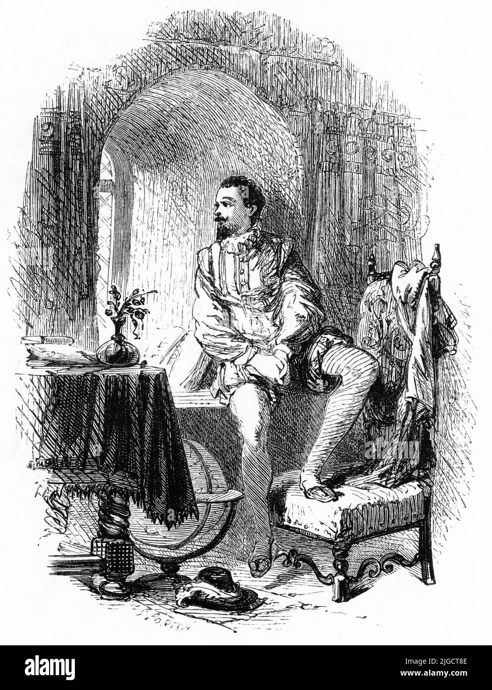 Portrait gravé d'un homme anglais du 16th siècle dans sa maison, Banque D'Images