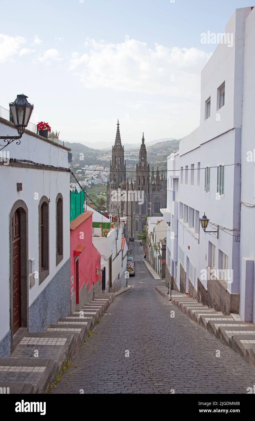 Vue depuis une allée sur la cathédrale San Juan Bautista, monument d'Arucas, Grand Canary, îles Canaries, Espagne, Europe Banque D'Images