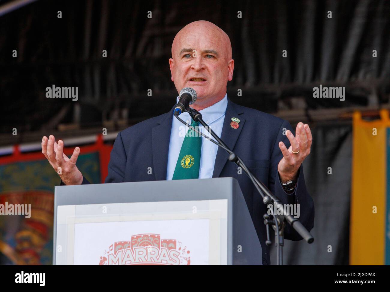 Durham, Royaume-Uni. 10th juillet 2022. Mick Lynch, secrétaire général du RMT, prend la parole au gala des mineurs de Durham. Crédit : Karl Black/Alay Live News Banque D'Images