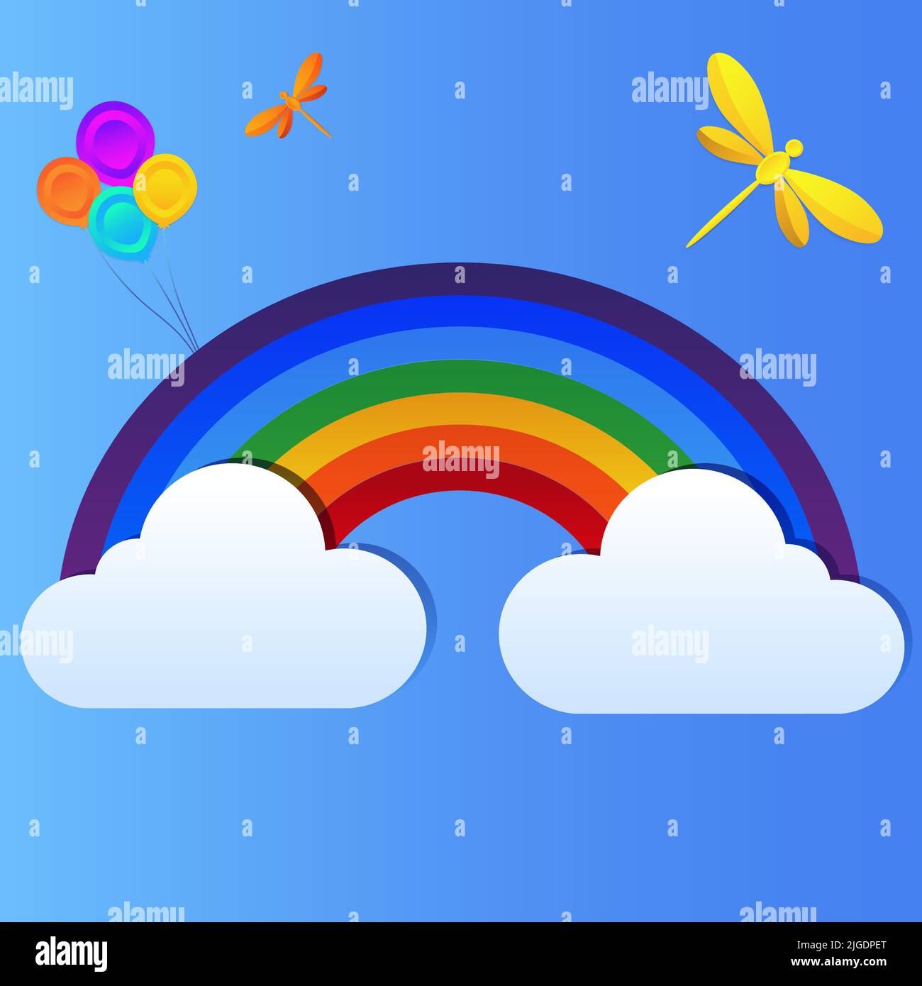 Bannière de carte postale avec nuages de ciel et arc-en-ciel, papillon, libellule et espace de champ pour le texte Illustration de Vecteur