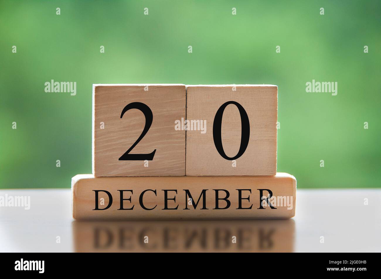 Texte 20 décembre sur des blocs de bois avec un arrière-plan de nature flou. Concept d'espace de copie et de calendrier Banque D'Images