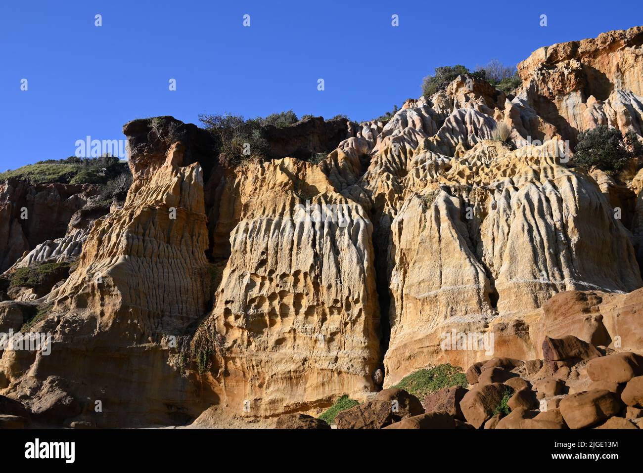 Une falaise de grès rougeâtre érodant se trouve à Red Bluff, site naturel de la banlieue de Black Rock à Melbourne, avec un ciel bleu en arrière-plan Banque D'Images