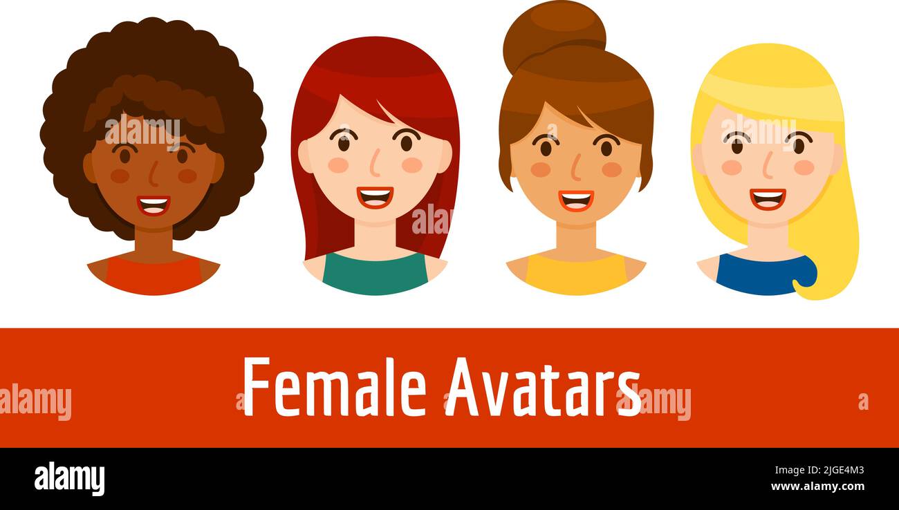 Différentes femmes avatars collection isolée sur fond blanc. Magnifiques portraits de filles souriantes de style caricature - blond, brunette, cheveux rouges et bl Illustration de Vecteur