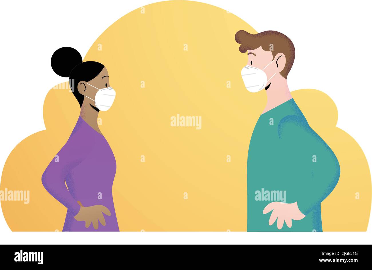 Jeune femme et homme profil face à face, portant FFP2 KN95 masques de protection blancs. Illustration de Vecteur