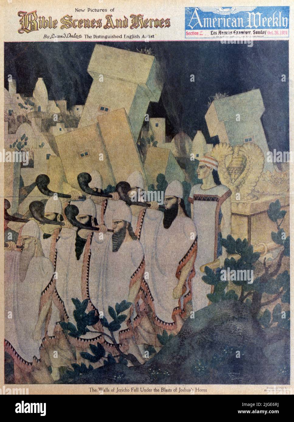 "Les murs de Jérico tombent sous le blaste de la corne de Josué" a publié 26 octobre 1924 dans le magazine American Weekly, peint par Edmund Dulac. Banque D'Images