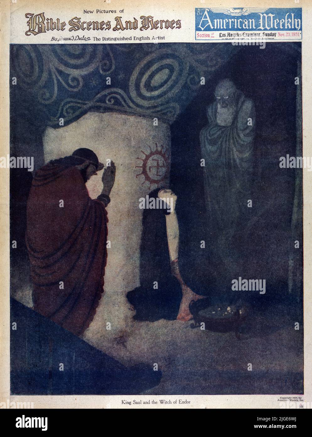 « King Saul and the Witch of Endor » publié le 23,1924 novembre dans le magazine American Weekly Sunday peint par Edmund Dulac pour les scènes et héros de la Bible Banque D'Images