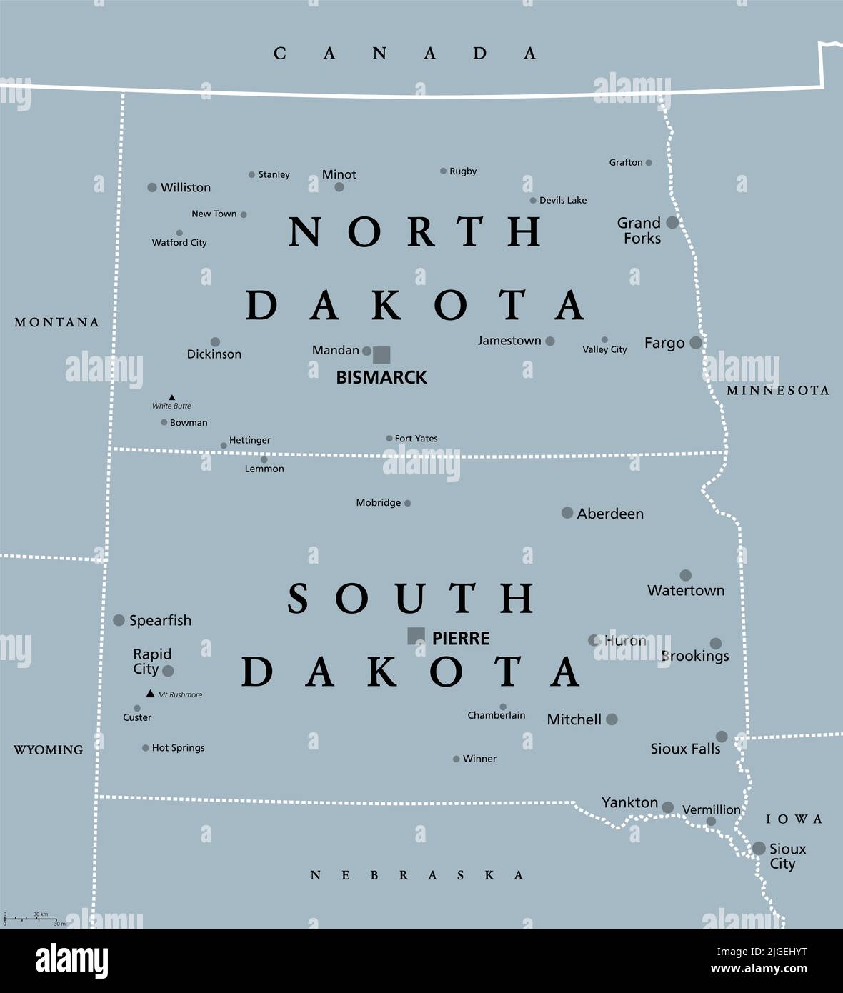 Les Dakotas, carte politique grise. Terme collectif pour les États américains du Dakota du Nord et du Dakota du Sud, dans le Haut-Midwest et le Centre-Nord. Banque D'Images