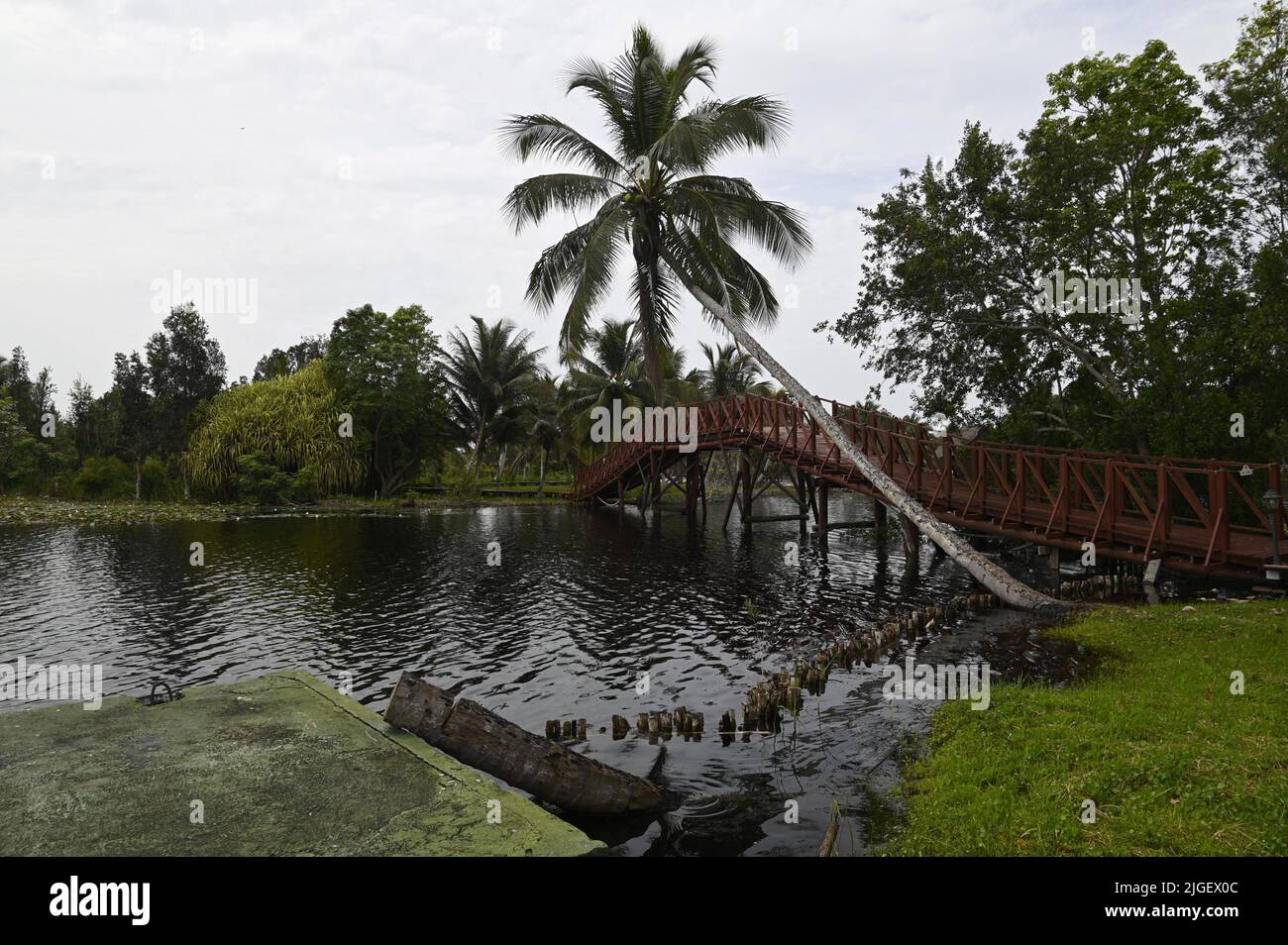 Paysage tropical avec vue panoramique sur l'ancien village de Taino un site culturel avec des habitants indigènes à Boca de Guamá. Matanzas Cuba. Banque D'Images