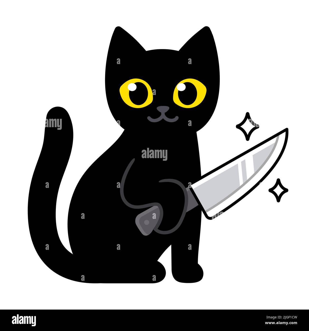 Drôle mignon dessin animé chat noir tenant un couteau. Illustration de vecteur d'humour d'horreur. Illustration de Vecteur