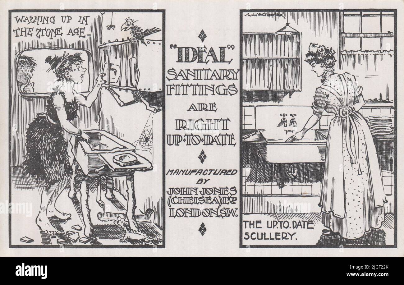 « Les raccords sanitaires idéaux sont à jour » : annonce du début du 20th siècle pour les raccords de cuisine fabriqués par John Jones (Chelsea) Ltd., Londres. Il montre deux images contrastées - 'laver à l'âge de pierre' (avec une femme d'âge de la pierre se lavant dans un évier rustiques et délabré pendant qu'un homme regarde dessus) et 'la coutellerie à jour' (une femme de ménage en uniforme se lavant dans un évier moderne édouardien) Banque D'Images