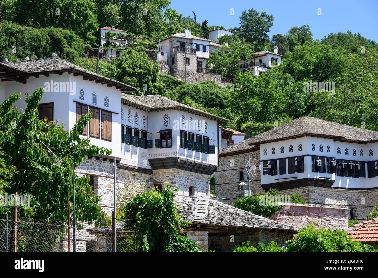 Le village bien conservé de Vizitsa avec ses maisons traditionnelles, sur les pentes sud-ouest de pf les mounttons de Pélion, Pélion Peninsula, Thessaly, G Banque D'Images