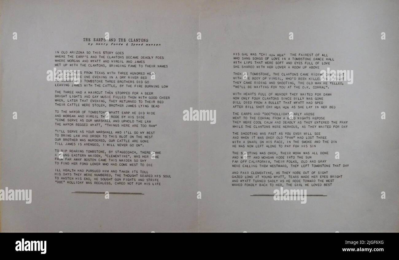 Song Lyrics / poème intitulé les Earps et les Clantons écrit par Henry Fonda et Speed Hanson (alias Aleth Hanson) pendant le tournage de MON DARLING CLEMENTINE 1946 réalisateur JOHN FORD XXème siècle Fox Banque D'Images