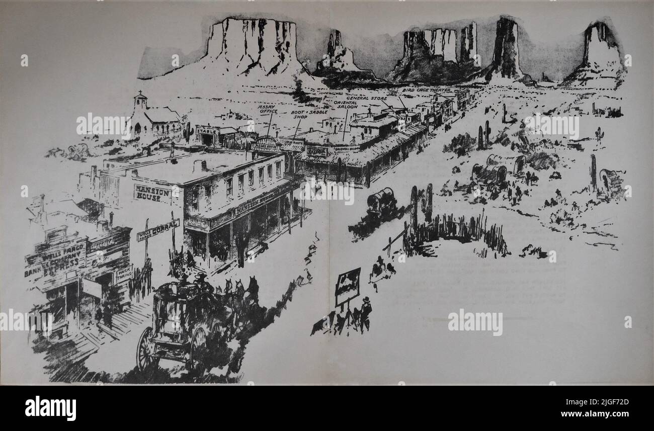 Croquis de l'ensemble extérieur de Tombstone construit dans Monument Valley avec l'équipe de film filmant l'arrivée de Stagecoach pour MON DARLING CLEMENTINE 1946 réalisateur JOHN FORD XXème siècle Fox Banque D'Images