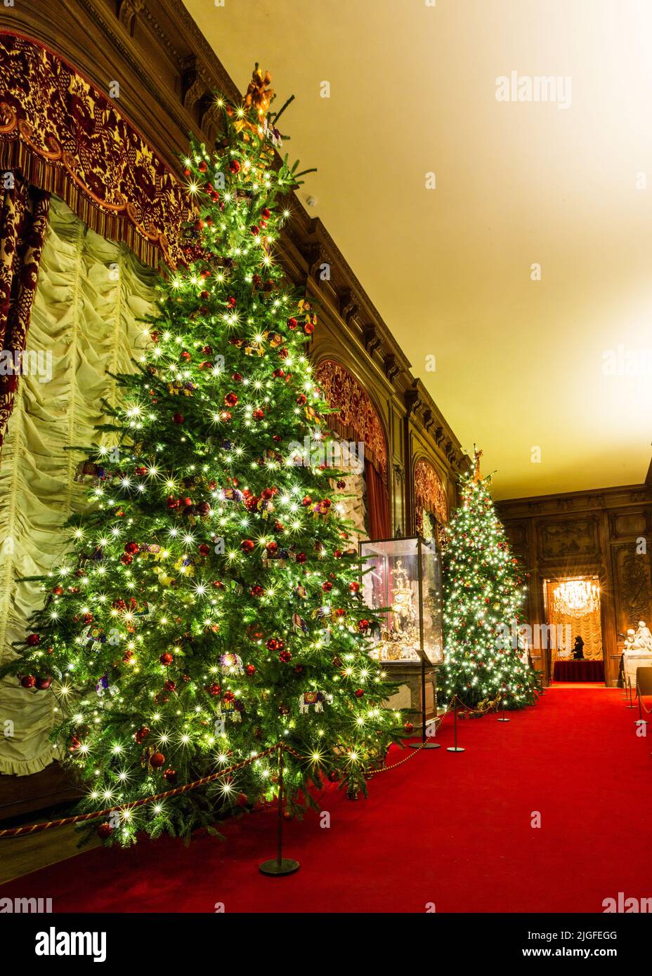 Waddesdon Manor dans Buckinghamshire à la recherche étonnante, a mis en avant pour Noël avec des arbres de Noël, des lumières illuminées et d'autres décorations de fête. Banque D'Images