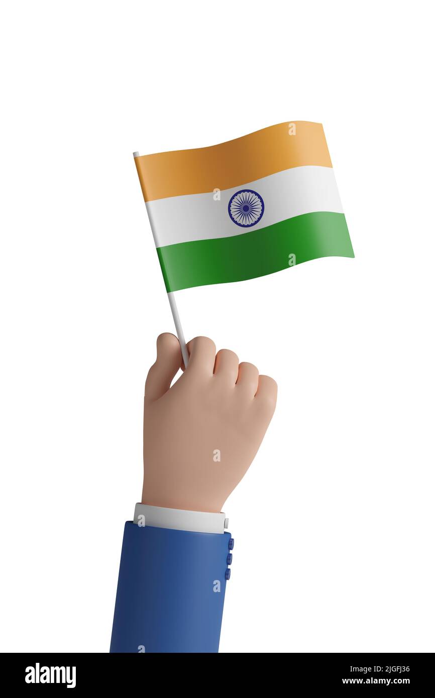 Main de dessin animé avec le drapeau de l'Inde. 3d illustration. Banque D'Images
