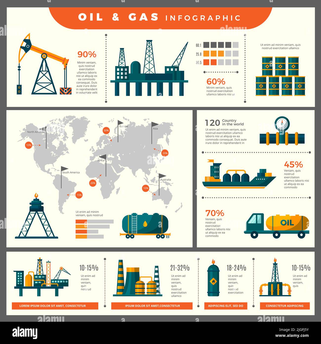 Infographie sur la production de pétrole. Icônes techniques pour l'information de l'étiquette d'entreprise de pétrole industriel tuyauterie d'énergie du pétrole vecteur récent Illustration de Vecteur