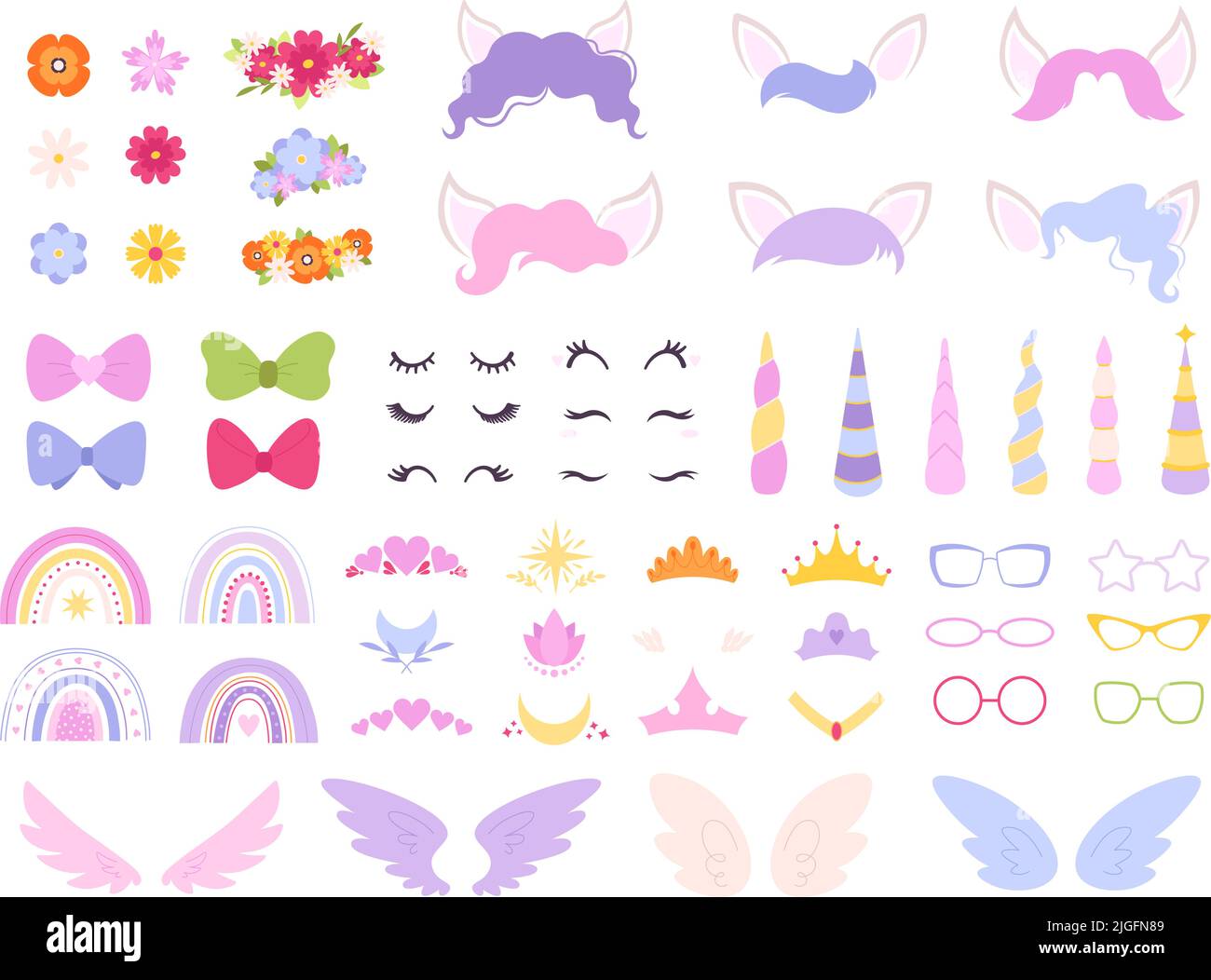 Éléments frontaux Pony unicorn. Masque de licornes, cils de dessins animés et cornes. Des éléments, des oreilles et un bouquet magiques pour les piments. Fée enfants racy vecteur clipart Illustration de Vecteur