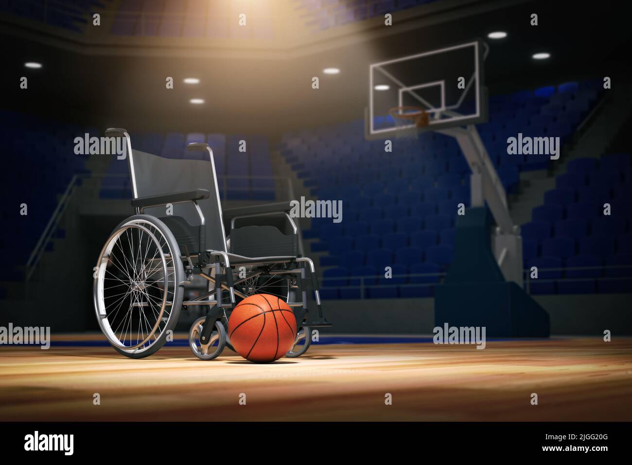 Chaïir à roulettes avec ballon de basket-ball sur un terrain de basket-ball vide. Motivation, problèmes et rêves de personnes handicapées concept. 3d illustration Banque D'Images