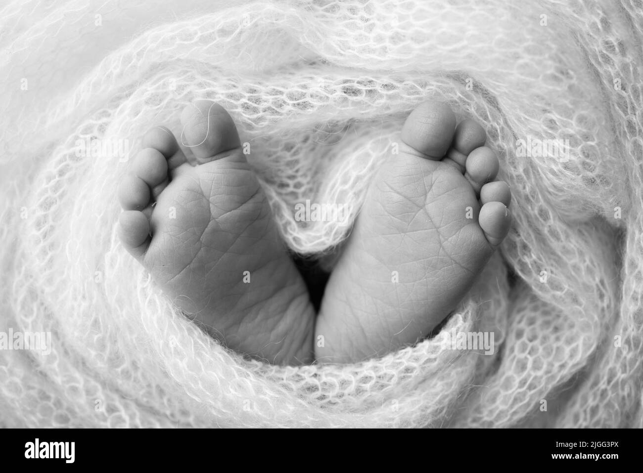 Le pied minuscule d'un nouveau-né.Pieds doux d'un nouveau-né dans une couverture.Gros plan des orteils, des talons et des pieds d'un nouveau-né. Banque D'Images