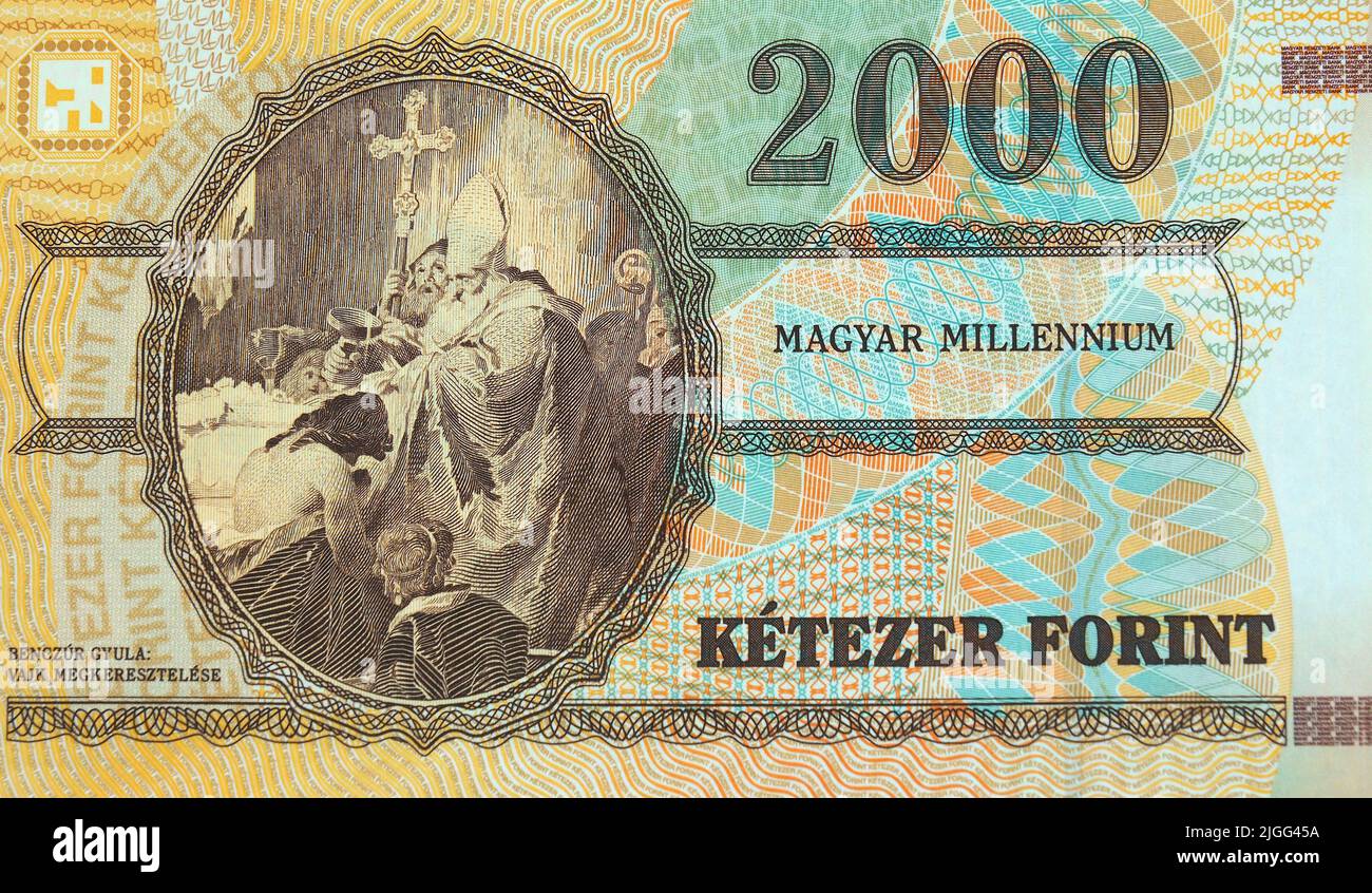 Deux mille billets de HUF (2000-), forint hongrois, Millenium de l'établissement d'État, peinture de Gyula Benczúr: 'Baptême de Vajk', Hongrie Banque D'Images