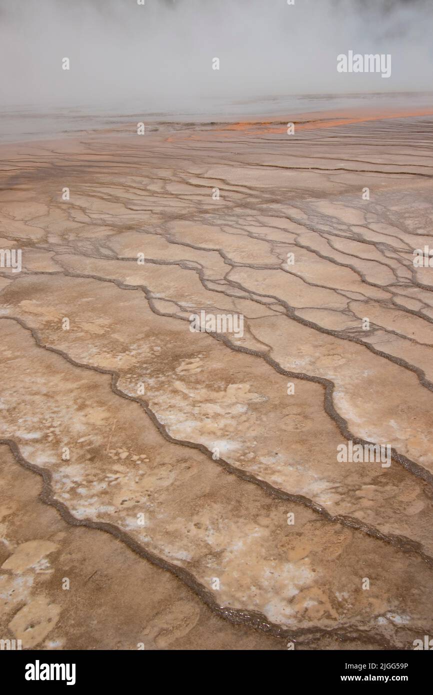 Motifs abstraits dans les dépôts minéraux de la région de Grand Prismatic Spring, dans le bassin Midway du parc national de Yellowstone, en Wyoming Banque D'Images